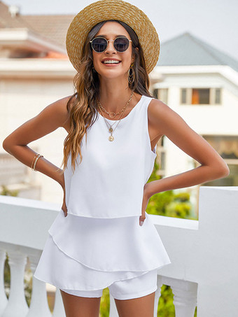 ホワイト イエロープレイスーツジュエルネックノースリーブフリルレイヤードポリエステルサマープレイスーツ