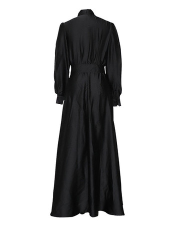 女性のロングドレスオレンジイエローターンダウンカラー長袖ポリエステルマキシドレス