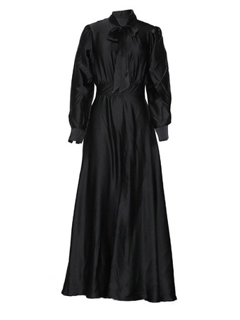 女性のロングドレスオレンジイエローターンダウンカラー長袖ポリエステルマキシドレス