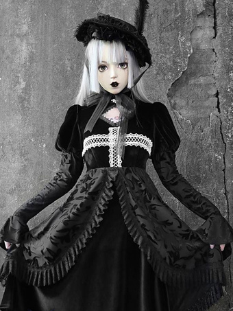 Gothic Lolita OP Dress Black Long Sleeve Ruffles Polyester Lace Lolita Jumper One Piece Dress