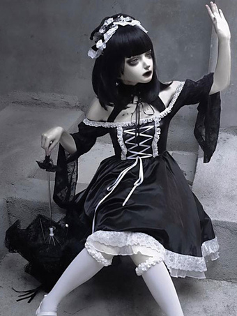 Gothic Lolita OP Dress Black Long Sleeve Lace Lace Up Ruffles Polyester Lolita One Piece Dress