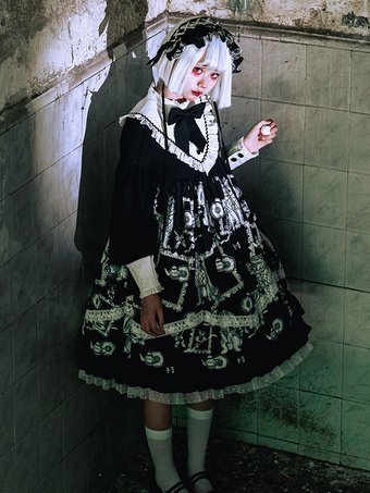 Gothic Lolita OP Dress Black Ruffles Bows Ruffles Long Sleeves Polyester Lolita One Piece Dress