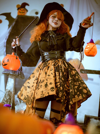 Gothic Lolita SK Skirt Black Sleeveless Ruffles Polyester Lace Up Skeleton Pattern Lolita Skirt
