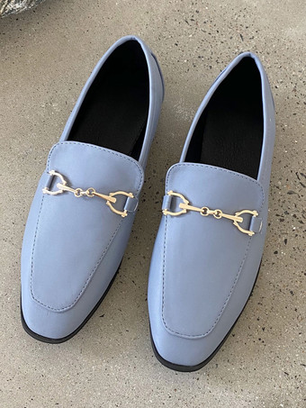 ライトスカイブルー女性ブラックフラットシューズPUレザースクエアトゥスプリットソールローファー