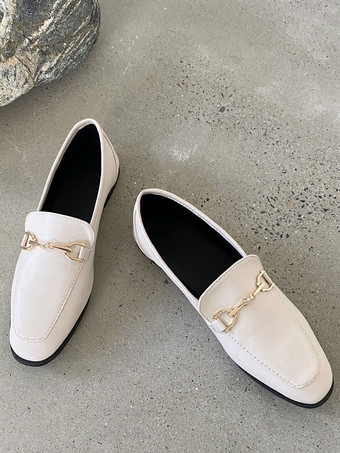 アイボリー 女性ブラックフラットシューズPUレザースクエアトゥスプリットソールローファー