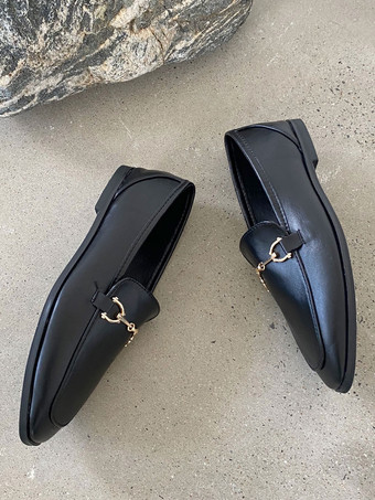 女性ブラックフラットシューズPUレザースクエアトゥスプリットソールローファー