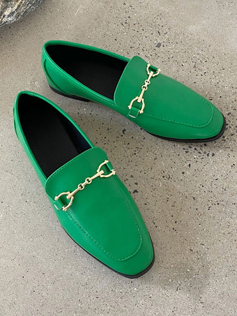 グリーン 女性ブラックフラットシューズPUレザースクエアトゥスプリットソールローファー