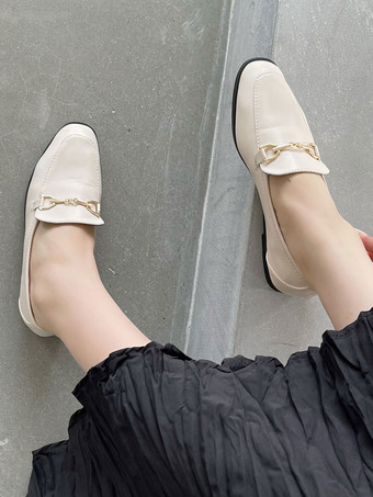 女性ブラックフラットシューズPUレザースクエアトゥスプリットソールローファー