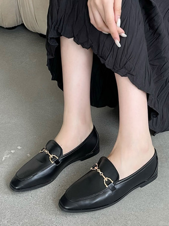 女性ブラックフラットシューズPUレザースクエアトゥスプリットソールローファー