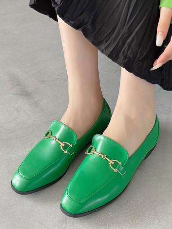 女性ブラックフラットシューズPUレザースクエアトゥスプリットソールローファー