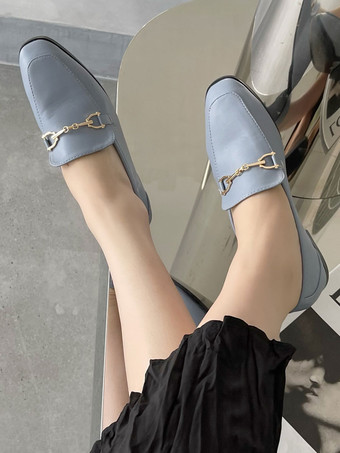 女性ブラックフラットシューズPUレザースクエアトゥスプリットソールローファー