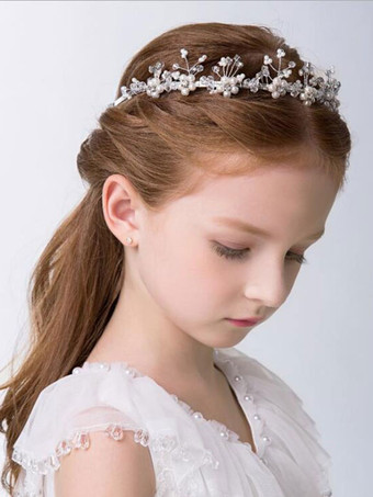 フラワーガールのかぶとシルバーリボンの帽子メタルキッズヘアアクセサリー