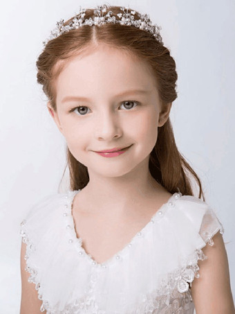 フラワーガールのかぶとシルバーリボンの帽子メタルキッズヘアアクセサリー