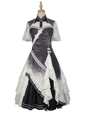 チャイニーズスタイルロリータSKライトグレーフリルポリエステルロリータスカート