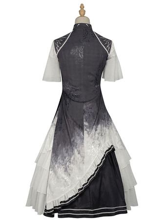 チャイニーズスタイルロリータSKライトグレーフリルポリエステルロリータスカート