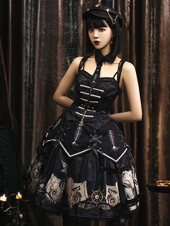 Gothic Lolita JSK Dress 3-Piece Set Black Houndstooth Pattern Sleeveless Lace Up Gothic Lolita Outfits