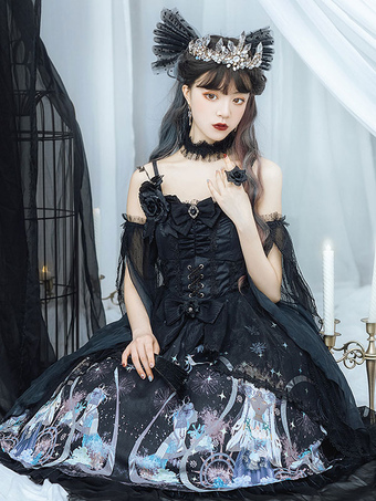 Gothic Lolita JSK Dress 3-Piece Set Sleeveless Floral Print Pattern Gothic Lolita Outfits