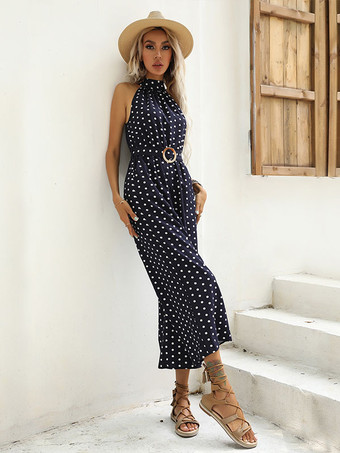 Women Dark Navy Polka Dot Halter Sleeveless Jumpsuits For Women