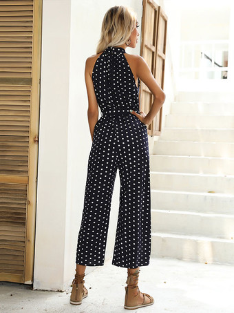 Women Dark Navy Polka Dot Halter Sleeveless Jumpsuits For Women
