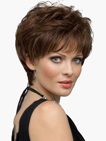 女性の人間の髪の毛のかつらコーヒーブラウンのタッツの短い人間の髪のかつら