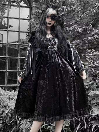 Gothic Lolita OP Dress Black Long Sleeve Lace Up Ruffles Lace Floral Print Black Lolita One Piece Dress
