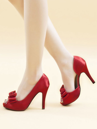 レッド ウェディングシューズホワイトサテン弓のぞき見つま先スティレットヒールブライダルシューズ