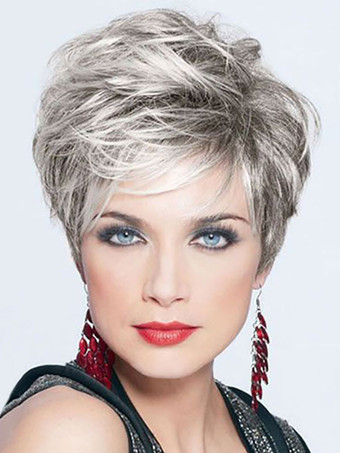 Perruques de cheveux humains pour femmes Perruques moyennes droites en couches blanches