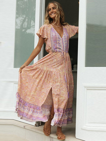 ピンク 女性ロングドレスVネック半袖フローラルプリントパターンプリーツレースアップレイヤードマキシドレス