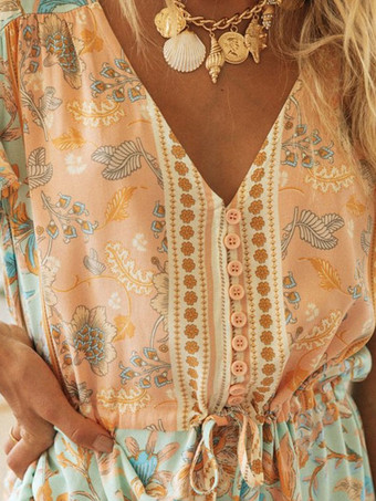 女性ロングドレスVネック半袖フローラルプリントパターンプリーツレースアップレイヤードマキシドレス