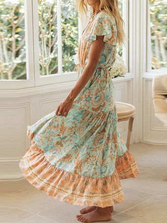 女性ロングドレスVネック半袖フローラルプリントパターンプリーツレースアップレイヤードマキシドレス