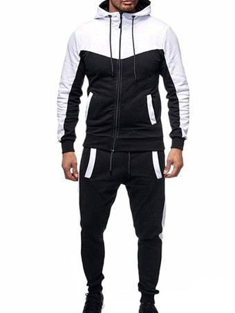 ホワイト メンズアクティブウェア2ピースカラーブロック長袖フード付きレッド