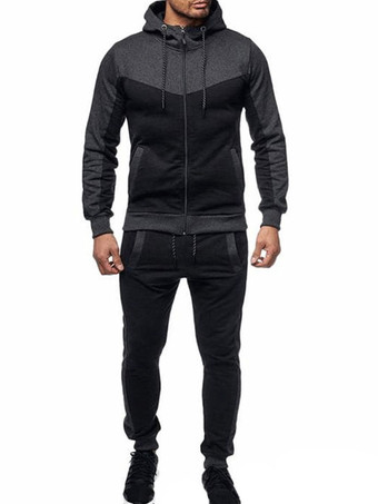 ダークグレー メンズアクティブウェア2ピースカラーブロック長袖フード付きレッド