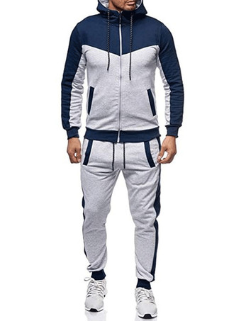 ダークネイビーメンズアクティブウェア2ピースカラーブロック長袖フード付きレッド