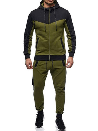ハンターグリーン メンズアクティブウェア2ピースカラーブロック長袖フード付きレッド