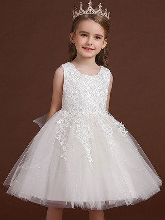 Flower Girl Dresses White Jewel Neck Cotton Sleeveless Knee-Length A-Line Embroidered Formal Kids Pageant Dresses
