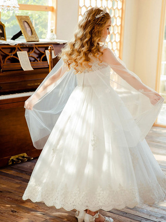 フラワーガールドレスホワイトジュエルネックノースリーブレースキッズソーシャルパーティードレス