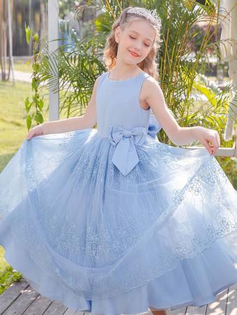 Vestidos de menina flor azul bebê joia com gola sem mangas laços