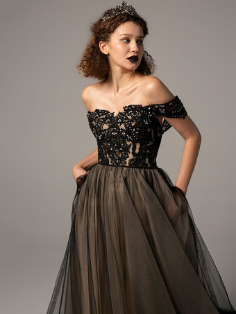 ゴシックブラックのウェディングドレス A ラインノースリーブ背中の開いたタルレーストレーンブライダルガウン無料カスタマイズ