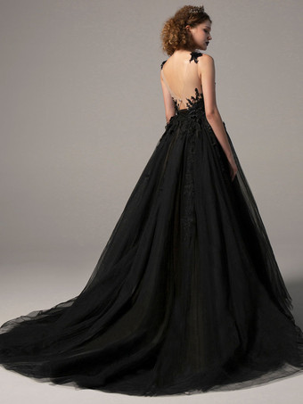 ゴシックブラックのウェディングドレス A ラインノースリーブレースチュールバックレストレーンブライダルドレス無料カスタマイズ