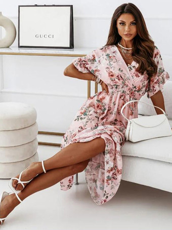 ピンクレディース ロングドレス 花柄 プリーツ レイヤード カジュアル Vネック 半袖 マキシドレス