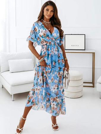Women Long Dress Floral Print Pleated Layered Casual V-Neck Short Sleeves Maxi Dress