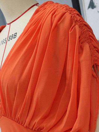 レディース マキシドレス オレンジ レッド Vネック 半袖 バックレス ロングドレス