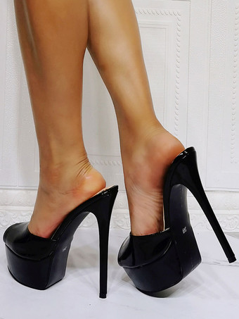 女性スティレットヒールスリッポンサンダルセクシーシューズパテントPUアッパーブラックヒールミュール