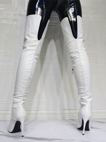 レディース ホワイト サイハイヒール ブーツ セクシーなオーバーニーブーツ