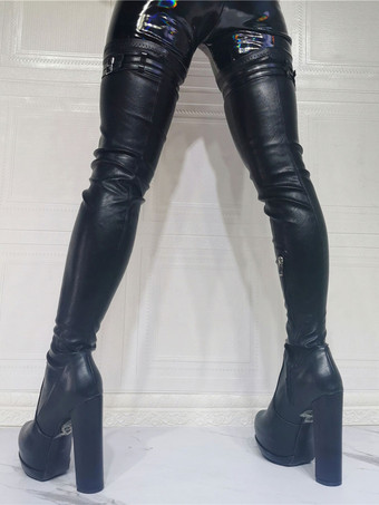 サイハイブーツ チャンキーヒール プラットフォーム レディース ブラック
