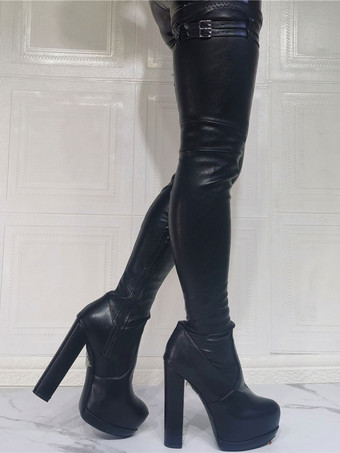 サイハイブーツ チャンキーヒール プラットフォーム レディース ブラック