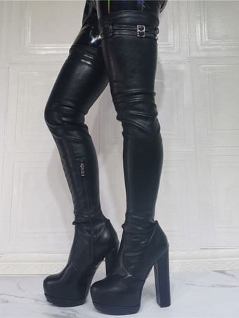 サイハイブーツ チャンキーヒール プラットフォーム レディース ブラック