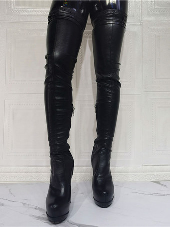 サイハイブーツ チャンキーヒール プラットフォーム レディース ブラック