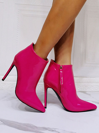 女性ブーツ先のとがったつま先スチレットヒールパテントPUアッパーローズアンクルブーツ