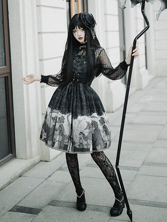 Gothique Lolita JSK Robe Noire Sans Manches Volants Lolita Jupe Imprimé